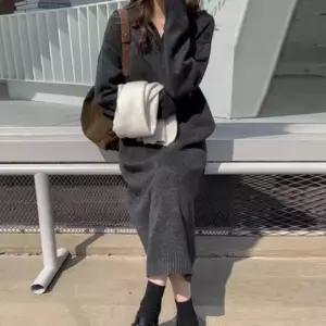 여성 임부복 루즈핏 체형 롱 니트 카라 브이넥 원피스