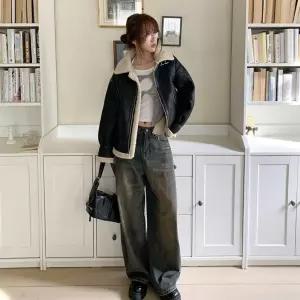 여성 루즈핏 페이크 스웨이드 양털 크롭 무스탕