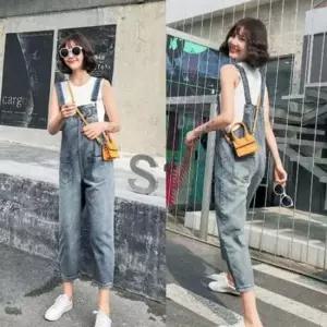 여름용청 멜빵 바지 여성 베이직 캐주얼룩 여행 패션라인 매치 점프 청점프수트 멜빵바지