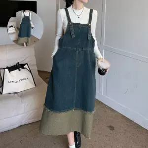 여성 빈티지 데님 배색 원피스 민소매 멜빵 롱