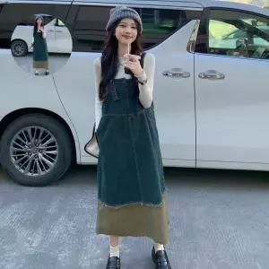 (제스트)여성 캐주얼 빈티지 배색 오버롤 데님 멜빵 원피스