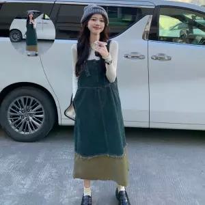 배색 빈티지 데님 원피스 멜빵 배색 데님 멜빵 원피스