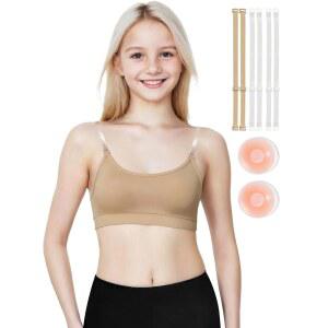 바베네 걸스 댄스 브라 클리어 스트랩 트레이닝 발레 브라, 조절 가능한 스트랩, 실리콘 가슴 패드를 착용한 청소년을 위한