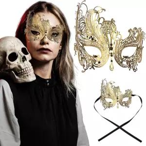 여성용 금속 필리그리 가면 - 마디 그라 무도회 할로윈 및 베네치아 파티를 위한 라인스톤이 있는 스완