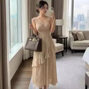 [하프클럽/]여자 셔링 스퀘어넥 민소매 롱원피스