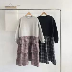 봉봉 긴팔 체크 여행 롱원피스 캐주얼 빅사이즈 겨울 3단캉캉 기모 임산복 데일리 봄