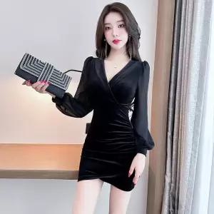 JSRLYQ093 빅 사이즈 브이넥 섹시홀복 파티복 댄스복 클럽의상 프릴 겨울 벨벳 셔링 랩원피스