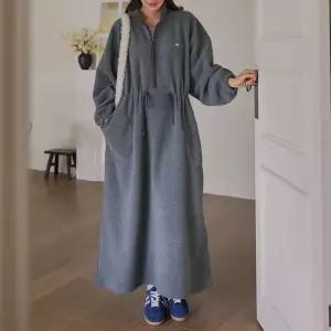 후리스 롱 원피스 반집업 하이넥 허리스트링 A라인 여성 빅사이즈