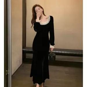 여자 레이스 원피스 프렌치 블랙 벨벳 추동 헵번 스타일 스커트 슬림 랩 힙스터 머메이드 롱 원픽4
