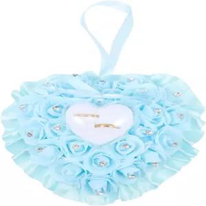 결혼식 및 프로포즈 플로럴 하트 디자인을 위한 OFSCH 블루 웨딩 링 베개 6.3X7.48인치 소형 베이비 베어러