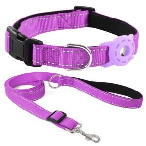 쿨리 에어태그 반려견 목걸이 및 반사 목줄 세트 번들, 홀더 케이스, 소형 대형견용 조절 가능한 패딩 나일론 반려동물 목걸이(보라색, 대형)