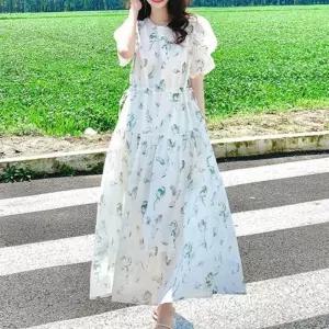 그린플라워 셔링퍼프 A라인 롱원피스 쉬폰 여성원피스 러블리룩 반팔원피스