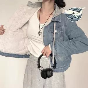 편안한 후드 데님자켓 여성용 따뜻한 털안감 QIU1+6oKi