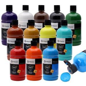 아르테초 12색 대형 벌크 아크릴 페인트 세트(500ml/17온스) 병, 미술 용품용 아트 크래프트 페인트, 캔버스, 암석, 목재, 패브릭, 세라믹, 예술가 및 무독성