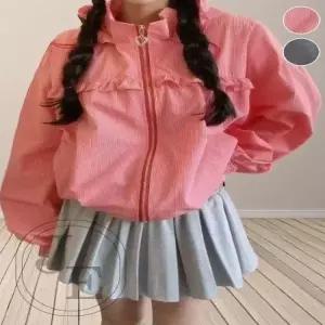 잰스타일 잔체크 셔링 프릴 스트링 간절기 후드점퍼 봄점퍼 숏 야상 여름바람막이 바람막이여성 러닝바람막