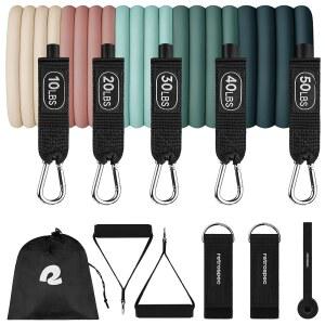 [미국배송] 레트로스펙 기차 저항 밴드 운동용 세트 - 5가지 스태커블 밴드 핸들 및 도어 앵커 물리치료 요가용 휴대용 피트니스 장비 캐리백 포함