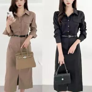 여자 모던 클래식 셔츠 롱원피스 벨트 세트