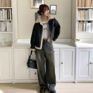 [하프클럽/옷자락]여성 루즈핏 페이크 스웨이드 양털 크롭 무스탕