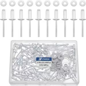 JTAREA 3 /16 x /8 실버 알루미늄 팝 리벳 스테인리스 스틸 와셔 4.8 10mm 블라인드 모음 키트130개 팩