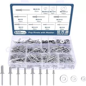 세탁기 포함 OCR 650PCS 304 스테인리스 스틸 및 알루미늄 블라인드 리벳 키트8가지 크기 1 /8 5 /32 3 /16