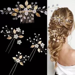 금박 신부용 헤어 핀 4피스 크리스탈 웨딩 액세서리 신부 들러리 플라워 걸을 위한 라인스톤 핀과 진주가