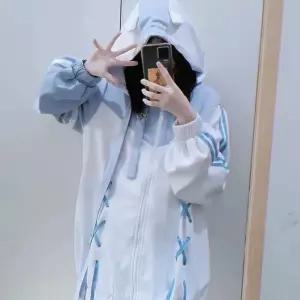 여성 하라주쿠 미학 프레피 아쿠비 재킷 카와이 블루 후드 상의 집업 스?