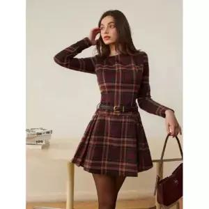 여자 원피스 롱 가을 겨울 라운드 체크 긴팔 숏 무첨가 MACHI4