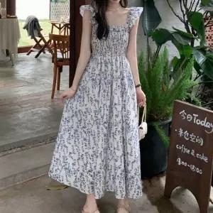 미니원피스 스모크밴딩 패턴 롱 원피스 넥 프릴 플레어 스커트