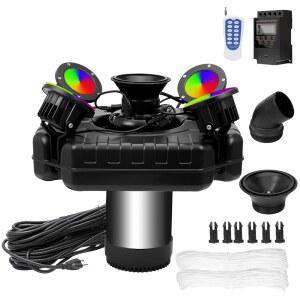 4개의 RGB 조명이 있는 대형 연못 분수 에어레이터 750W 110V 15000GPH 스테인리스 수상 타이머와 소형 호수 풀을 위한 100FT 전원 코드 에어레이팅 펌프