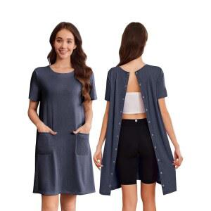 여성용 디익 병원 가운 오픈 백 티어 어웨이 스냅 간호 드레스 반팔 부드러운 적응형 의류 주머니 포함