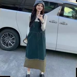 멜빵청치마 여성 캐주얼 빈티지 데님 배색 오버롤 멜빵 원피스