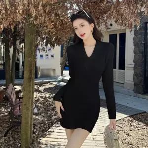 여자스커트 미니 브이넥 니트 원피스 추동 스커트 원템4