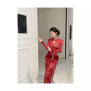 여자 레이어드 레이스 원피스 치파오 가을 겨울 펀칭 절개 슬림 펜슬 스커트 SPO마켓4