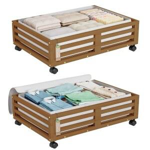 위스 대나무 침대 밑 수납 용기 - 큰 먼지 봉투가 달린 바퀴가 언더베드 정리함, 신발 정리함 서랍 2팩(월넛, 스몰)
