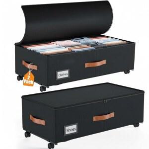 키트레파이온, 바퀴가 달린 침대 밑 수납, 내부 포켓 및 라벨이 있는 2팩 대형 수납 용기, 옷 신발 담요를 위한 서랍 아래 롤링, 9.5인치 높이 수납함