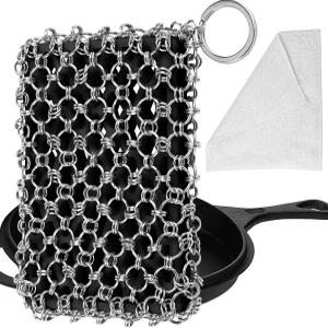 Herda 316L 주철 스크러버 클리너 팬용 대형 체인메일 - 스펀지 금속 프라이팬 웍 네덜란드 오븐 청소 키트