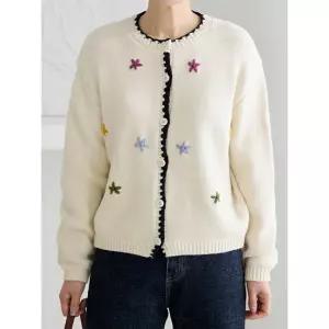 김여사 안나 플라워 자수 니트 가디건 프릴 배색 클래식 5VC512419