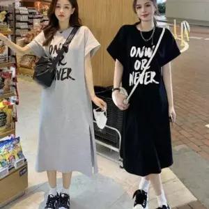 라운드 여자 면 레터링 롱 트임 원피스 여름 WFLMTU3