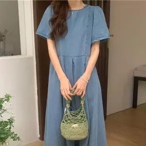 데님 반팔 캐주얼 롱 드레스