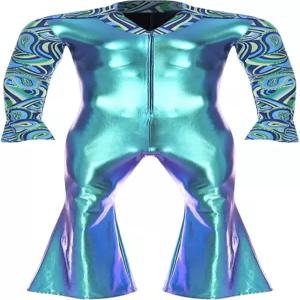 XUNZOO 남성 댄스 코스튬 70년대 디스코 라펠 V 넥 플레어 소매와 하의 바지 히피 롬퍼스