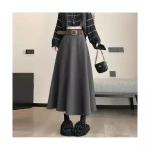 여성 트렌디 아이템 스커트 정장 모직 가을 겨울 슬림핏 빅 벨트 중기장 기장에 도톰한 A라인 우산 HT4