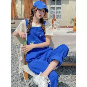 블루 여성 멜빵바지 여자 점프수트 스트라이프 여름