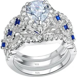 뉴쉬 주얼리 약혼 웨딩 링 세트 큐빅 지르코니아 여성용 925 스털링 실버 3pcs 블루 사파이어 브라이덜 배
