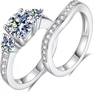 VYVAO 모이사나이트 웨딩 링 세트 라운드 컷 D 컬러 VVS1 여성용 S925 스털링 실버 18K 화이트 골드 도금