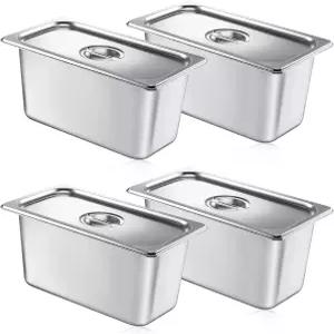 뚜껑이 있는 미포시 4팩 스테인리스 스팀 호텔 팬 크기 1/3 x 6인치 딥 테이블 레스토랑 가정 파티 뷔페를