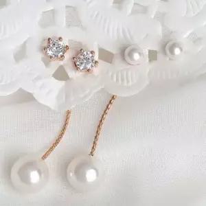 14K 골드필드 핀 큐빅 진주 롱 드롭 뒷마개 세트 귀걸이