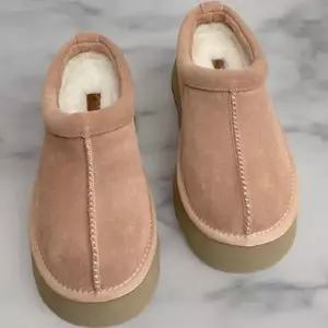 여성 통굽 키높이 가죽 퍼내부 스티치 슬리퍼