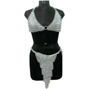 여성 비키니 체인메일 브라 & 스커트 실버 버터 알루미늄 10mm 버터링 할로윈 코스프레 코스튬 세트 선물 애노다이징