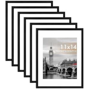 벽 또는 테이블탑 디스플레이를 위한 깨짐 방지 플라스틱 유리, 얇은 테두리 및 가벼운 사진 프레임이 포함된 Fixwal 11x14 프레임 세트 6개, 블랙