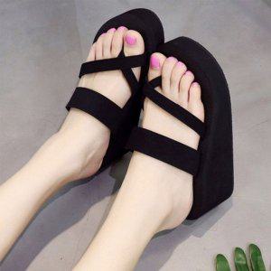 레이디통굽힐 고정스트랩 플립플랍 조리형샌들 키업 완충력 캐주얼 샌들